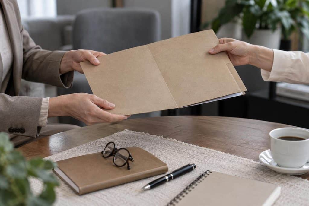 Conseillère présentant un dossier d'accompagnement CEP à un bénéficiaire lors d'un entretien individuel